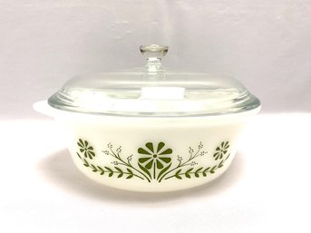 Vintage Glasbake J514- 2 Qt Green Daisy Casserole W/ Lid