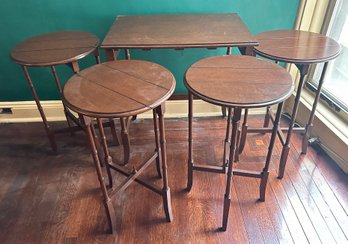 Vintage Set Of 5 Wood Side Tables: 4 Round Tables Fold Inside Of  Rectangular Table