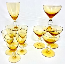 Vintage 10 Piece Set Of Amber Stemware