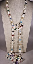 Elongated Genuine Cultured Pearl And Gemstone Lariat Necklace 48' Long!