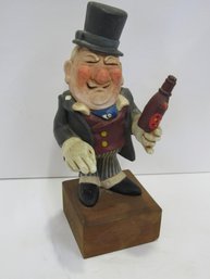 Vintage AVIVA 1970's Drunk  Man  Beer Bottle Teak Wood Base WC Fields Figure