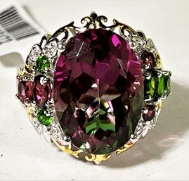 Fancy Contemporary Tourmaline, Amethyst And Diamond Cocktail Ring Size 7