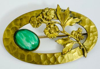 VINTAGE GOLD TONE GREEN CZECH GLASS FLORAL SASH BROOCH