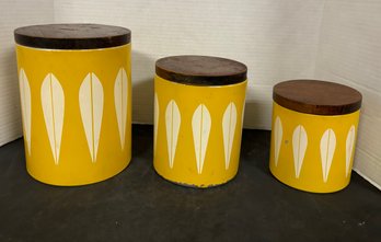 3 Tall Yellow Lotus Designed Lidded Kitchen Boxes, Fits Inside Each Other Made In Japan. MP/ E2