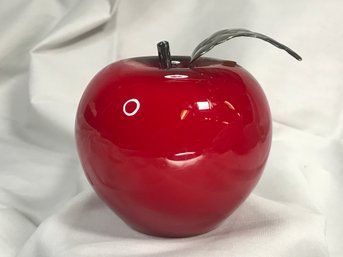 Vintage Murano Style Apple Paperweight With Clear Center - With Sterling ? Leaves - THIS COULD BE VERY GOOD !