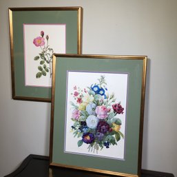 Two Very Pretty Framed Floral Prints - VERY Bright And Bold Colors - Lovely Thin Brushed Gold Frames - Nice !