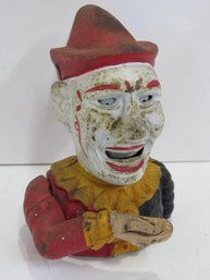 Vintage Cast Iron Clown Bank Eating Coin Jester Humpty Dumpty Nice Patina