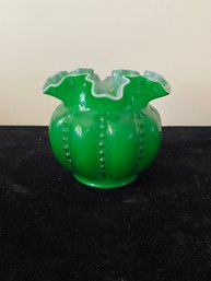 Fenton Green Cased Glass Beaded Melon Bowl Vase