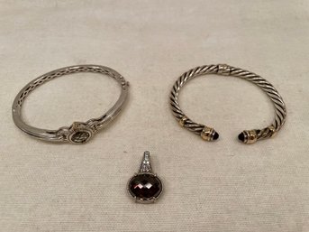 Judith Ripka Sterling Pendant & Two Sterling And Gold Bracelets