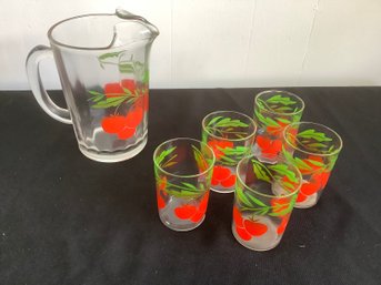 Vintage Cherry Painted Glasses And Pitcher