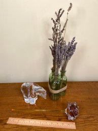 Art Glass Collection: Hoogs & Crawford Rose Flower, Crystal Polor Bear Sculpture, 3 Green Apothecary Bottles