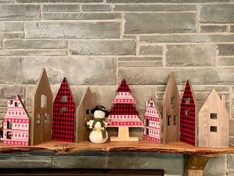 Tabletop / Mantle Holiday Village Scene & Happy Snowman With Stars Bank
