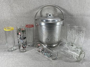 MCM Hammered Aluminum Insulated Ice Bucket Made In Italy & Tall Drink Glasses (Libby & Others)