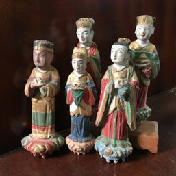 Interesting Group Of Antique All Hand Carved Chinese Figures - Hand Detailed And Painted - One Stand - Nice !