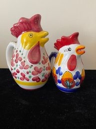 Vintage Italian Ceramic Rooster Good Luck Pottery Pitcher Handpainted Floral