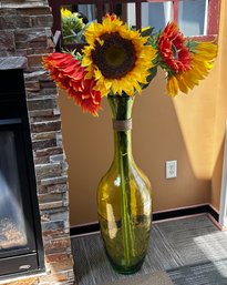 Lovely Tall, Green Glass Vase With Vibrant Bright & Colorful Sunflowers          Den