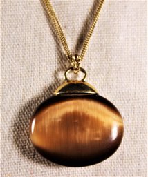 Signed MONET Gold Tone Great Quality Genuine Tiger's Eye Stone Pendant Neckalce