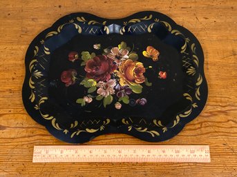 Vintage Scalloped Toleware Hand Painted Roses And Flowers Black Tole Tray  13.5x10.5