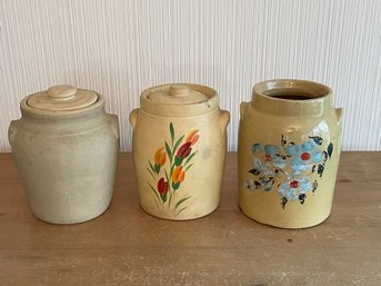 Lot Of 3 Stoneware Crocks Painted Cookie Jar