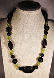 Genuine Peridot And Black Stone Beaded Necklace 18' Long