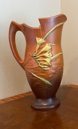 Beautiful 1940s Vintage Burnt Orange & Brown Ceramic Pitcher With Lilies On It