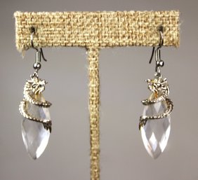 Fine Silver Tone Dragon And Faceted Crystal Pierced Earrings