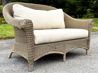 A Faux Wicker Settee With Linen Cushion By Restoration Hardware - A
