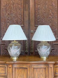 Vintage Large Round Clear Glass Leaf Motif Table Lamps- A Pair