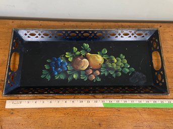 Vintage Rectangle Toleware Hand Painted Fruit Black Tole Tray 22x10