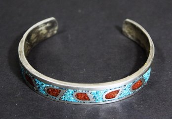 Fine Sterling Silver Cuff Bracelet Having Crushed Coral And Turquoise Bear Claw Bracelet