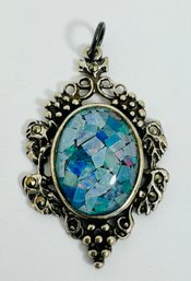 SIGNED NF STERLING SILVER MARCASITE MOSAIC OPAL GRAPE DESIGN PENDANT