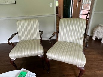 Two Beautiful Upholstered Chairs In Satin Striped Fabric