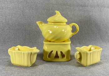 Pottery Teapot W/warmer, Sugar & Creamer