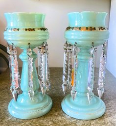 Gorgeous Pair Of Antique Hand Blown Green Opaline Glass Mantel Lustre Vases