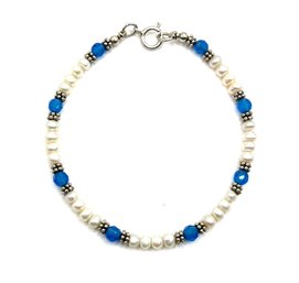 Sterling Silver White And Blue Color Beaded Ornate Bracelet
