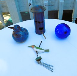 Blue Ceramic Pottery Bird Figures Feeders Glass Ball