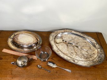 Silver Plate Collection: Oval Footed Platter 20x13, Oval Dish With Lid And Divided Glass Insert, Footed Bowl