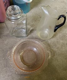 Clear Cookie Jar, Glass Pitcher, Two Handled Hand Bowl With Pressed Flower Design.