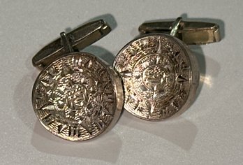 Beautiful Sterling Signed Aztec Calendar Cufflinks