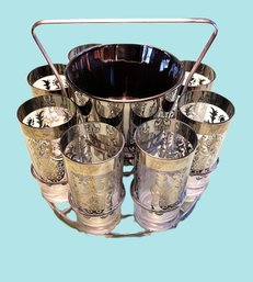 Seven MCM Kimiko Silver Banded High Ball Glasses With Shield And Mercury Glass Ice Bucket In Metal Carrier