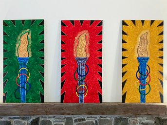 An Original Oil On Board Triptych - Olympic Torches