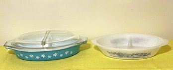 Two Divided Serving Dish-pyrex Snowflake White On Turquoise With Lid #26 And Glasbake Currier & Ives #J2352