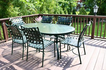 Set Of 6  Sturdy Lattice Pattern Strap And Metal Outdoor Armchairs With Pebble Glass Oval Table