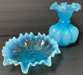 Vintage Antique Quality Glass - Northwood Opalescent Bowl Leaves - Fluted Ribbon Vase - Aqua Blue Clear