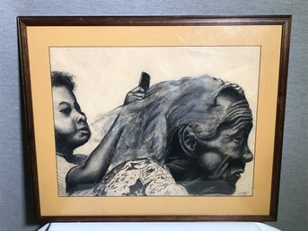 Very Nice Pastel Drawing Of Little Girl Combing Older Ladies Hair - Signed K. McMAHON ? - Looks Like 1989
