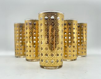 Set Of 6 Mid Century Culver Cannella 22k Gold Highball Glasses