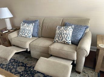 Upholstered Lazy Boy Roll Arm Sofa With End Recliners Paired With Pottery Barn Accent Pillows