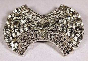 Vintage Rhodium Plated 'bow Tie' Formed White Rhinestone Brooch