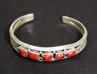 Fine Vintage Native American Indian Sterling Silver Cuff Bracelet Having Coral Stones