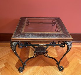 Amazing Tooled Leather, Wrought Iron & Beveled Glass Side Table